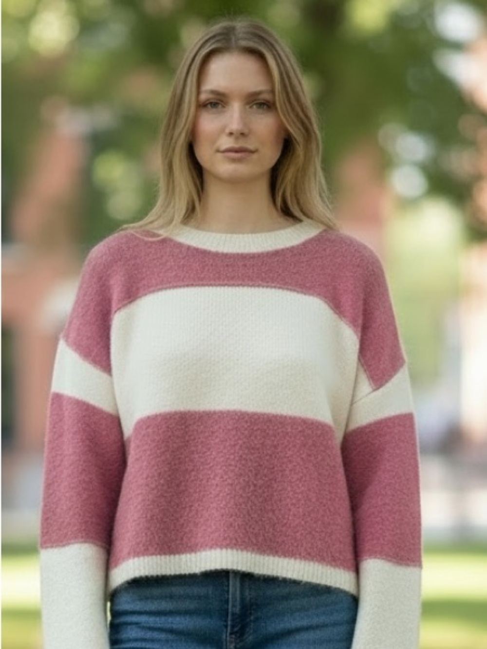 Jessica Simpson Pink and Cream Crop Striped Crewneck Sweater SZ S EUC soft Girl